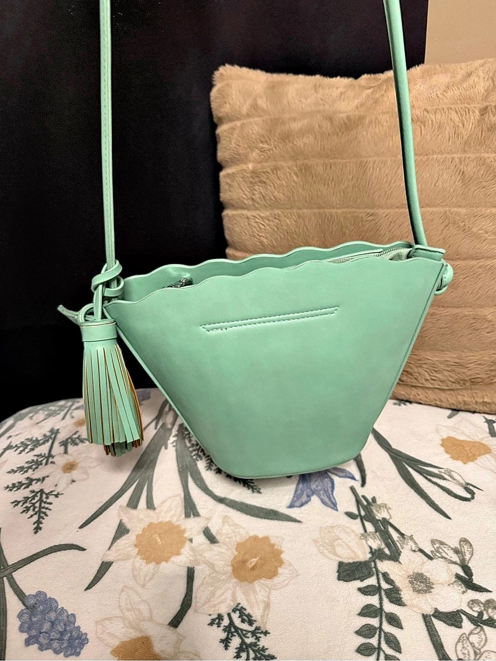 Mint Green Scalloped Tassel Bucket Crossbody Bag | Pastel Seafoam